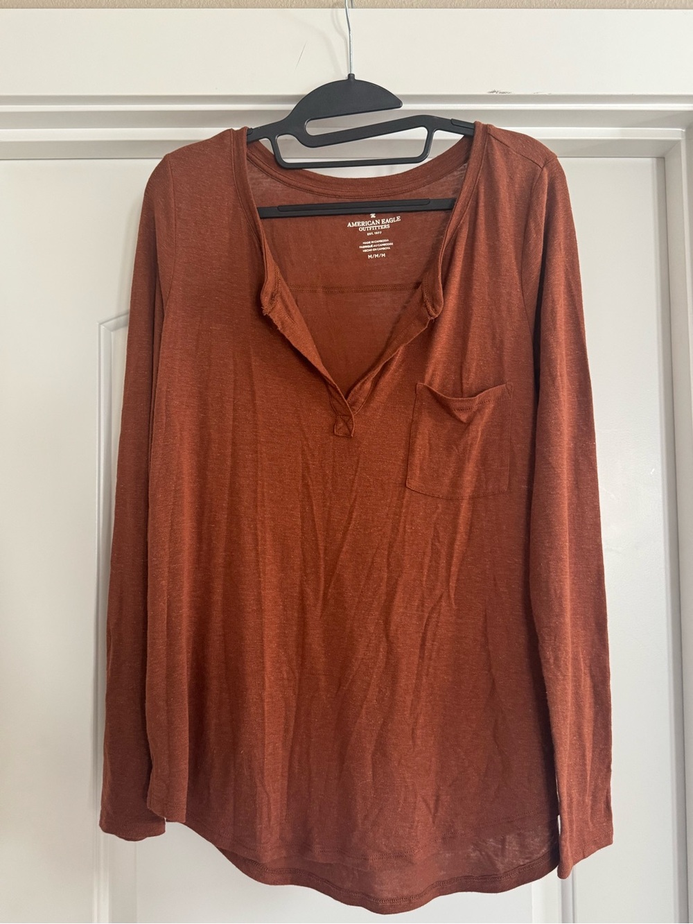 American Eagle Outfitters Women's Long Sleeve Pocket Henley in Rust Brown